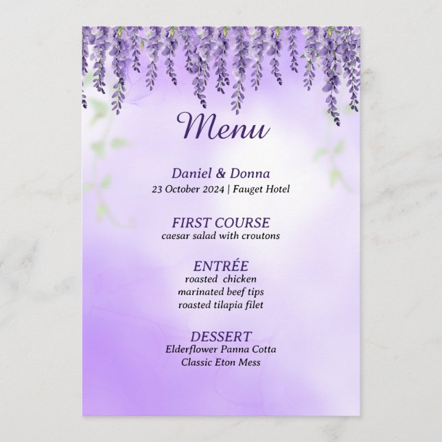Purple Flowers | Simple Watercolor Wedding Menu (Front)