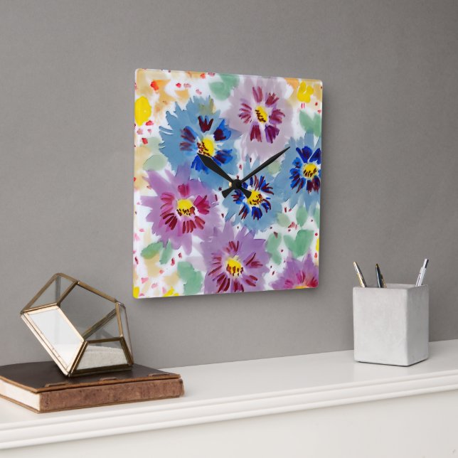 Purple flowers  square wall clock (Office)