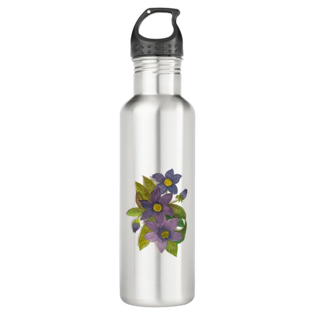 Purple flowers stainless steel water bottle (Front)