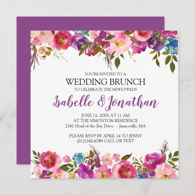 Purple Flowers Summer Wedding Brunch Invitations (Front/Back)