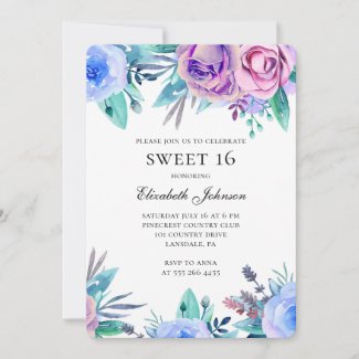 Purple flowers sweet 16. Blue floral 16th birthday Invitation