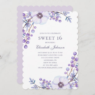 Purple flowers Sweet 16. Floral 16th birthday Invitation