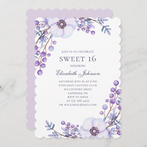 Purple flowers Sweet 16 Floral 16th birthday Invitation