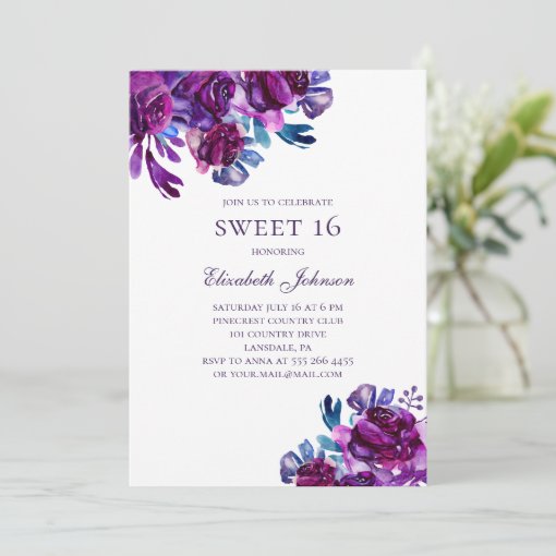 Purple flowers Sweet 16. Violet floral birthday Invitation | Zazzle