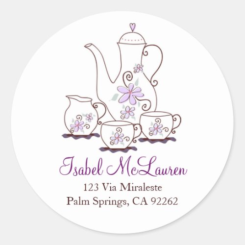 Purple Flowers Tea Set Address Labels