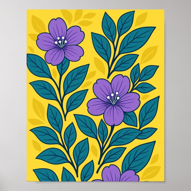Purple Flowers & Teal Leaves on Yellow Background Poster (Front)