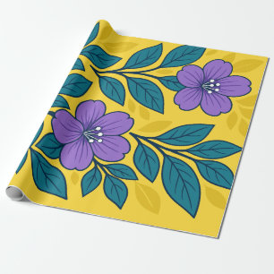 Purple Flowers & Teal Leaves on Yellow Background Wrapping Paper