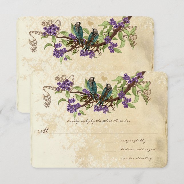 Purple Flowers Teal Vintage Birds Wedding RSVP Invitation (Front/Back)