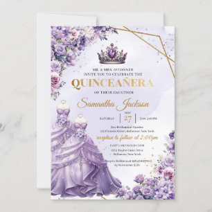 Purple flowers Twin Princess Dress Quinceañera Invitation