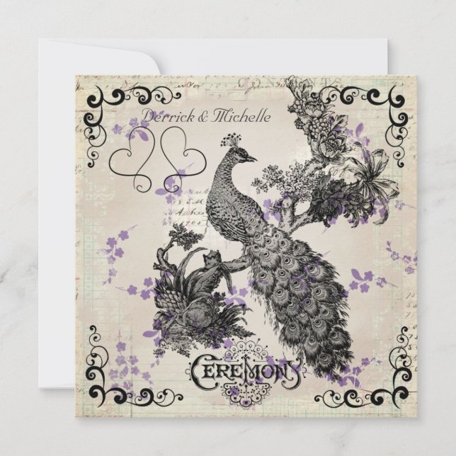 Purple Flowers Vintage Peacock Wedding Invitation (Front)