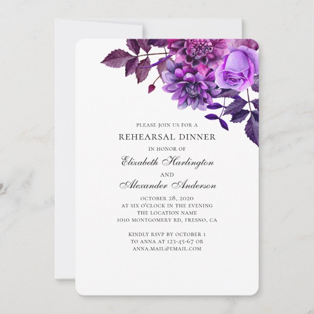 Purple flowers. Violet floral rehearsal dinner Invitation (Front)