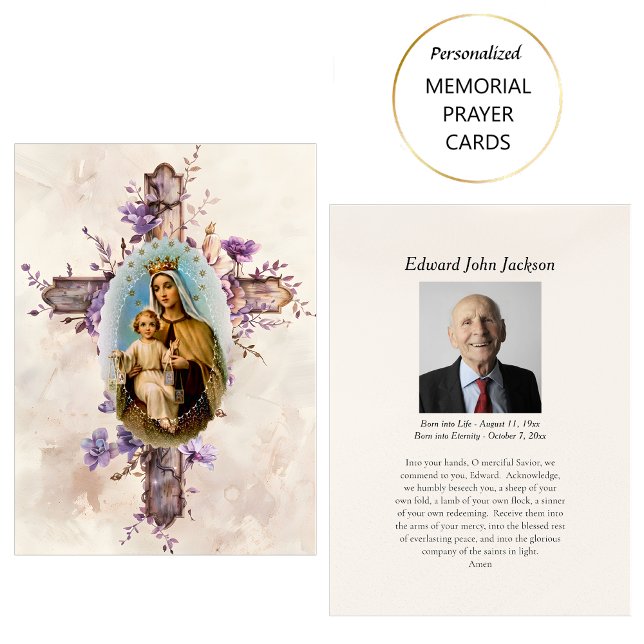 Purple Flowers Virgin Mary Funeral Prayer Card (Creator Uploaded)