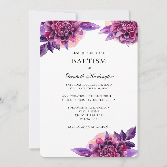 Purple flowers watercolor baptism invitation (Front)