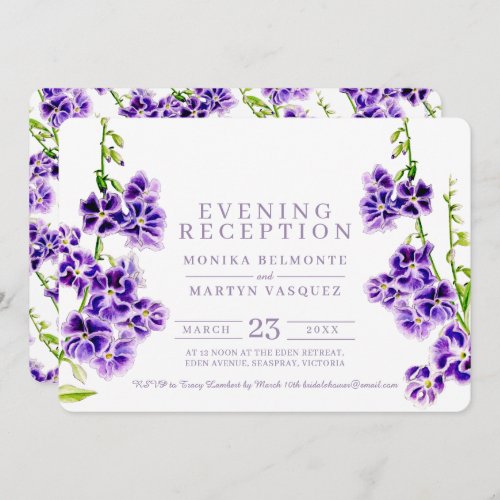 Purple flowers watercolor evening reception invitation