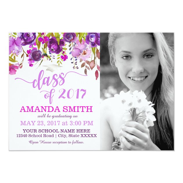 Purple Flowers Watercolor Floral Graduation Card