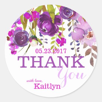 Purple Flowers Watercolor Floral Thank You Classic Round Sticker by NouDesigns at Zazzle