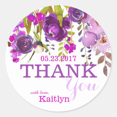 Purple Flowers Watercolor Floral Thank You Classic Round Sticker