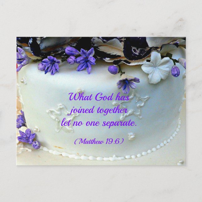 Purple flowers wedding cake with Bible verse Postcard (Front)