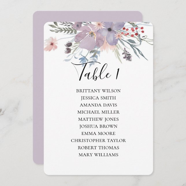 Purple flowers wedding seating chart. Botanical Invitation (Front/Back)