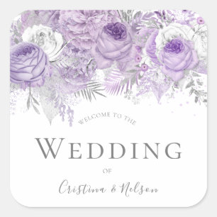 Purple Flowers Wedding Welcome Thank You Square Sticker