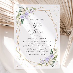 Purple Flowers, White Flowers, Boho, Baby Shower Invitation