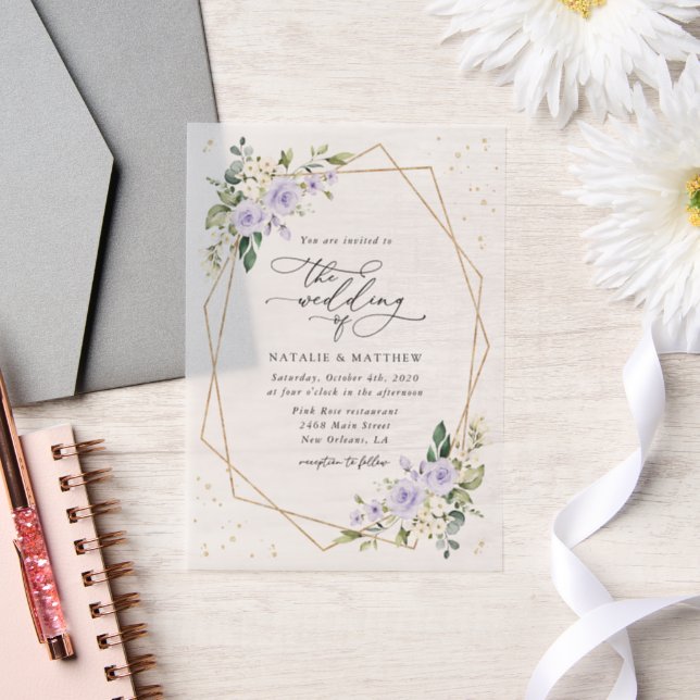 Purple Flowers, White Flowers, Boho, Wedding Vellum Invitations (Wedding)