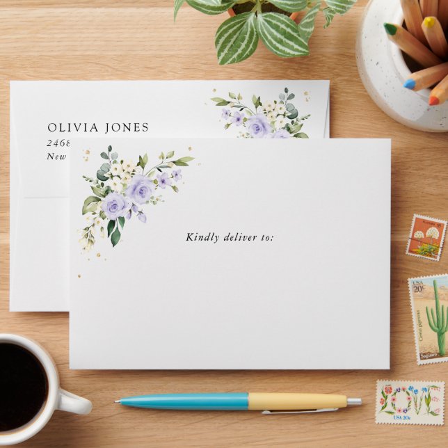 Purple Flowers, White Flowers, Greenery, Birthday Envelope (Desk)
