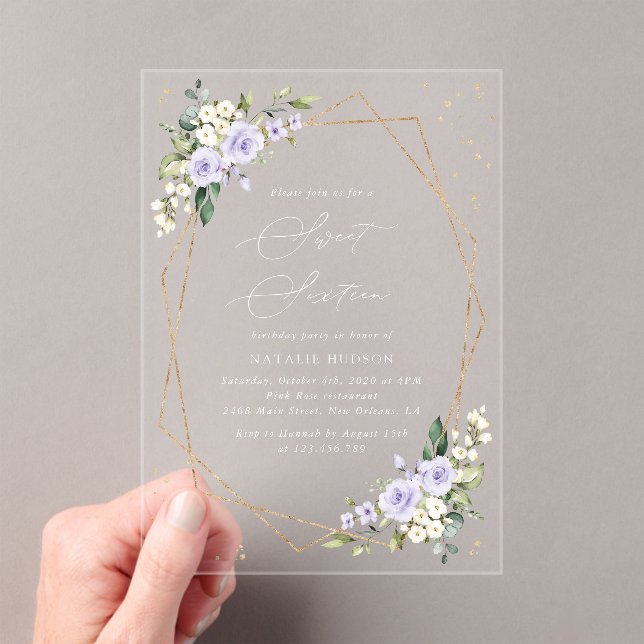 Purple Flowers, White Flowers, Greenery, Sweet 16 Acrylic Invitations (Insitu (Handheld))
