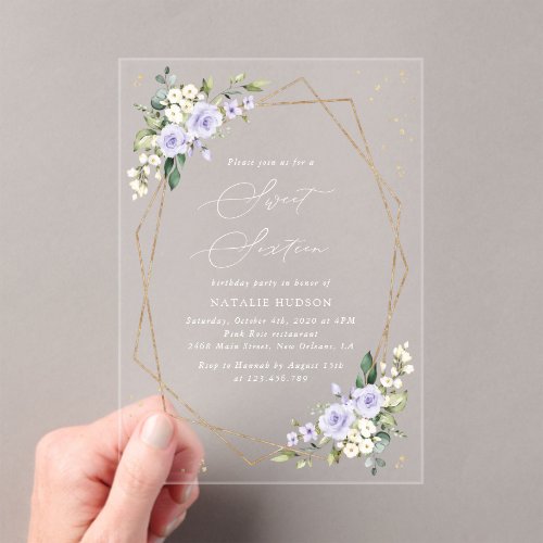 Purple Flowers, White Flowers, Greenery, Sweet 16 Acrylic Invitations
