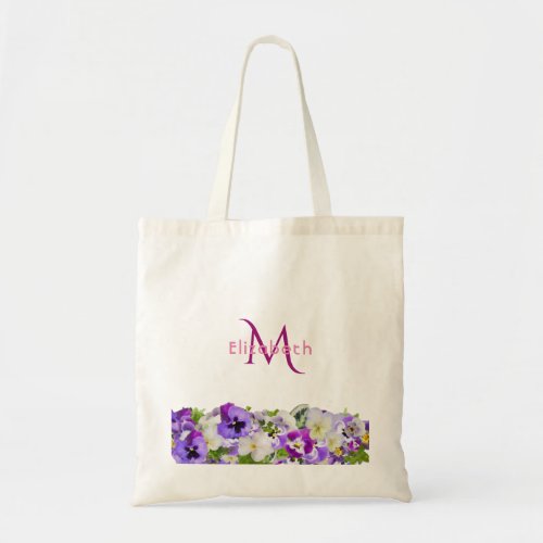 Purple flowers white monogram elegant tote bag