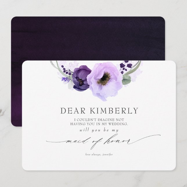 Purple Flowers Will You Be My Maid of Honor Invitation (Front/Back)