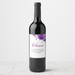 Purple flowers wine glass. Cheers to the wedding Label