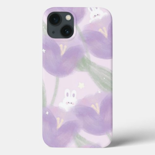 Purple flowers with a little bunny iPhone 13 case