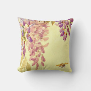 Purple Flowers With Bee Vintage Restoration Art Throw Pillow
