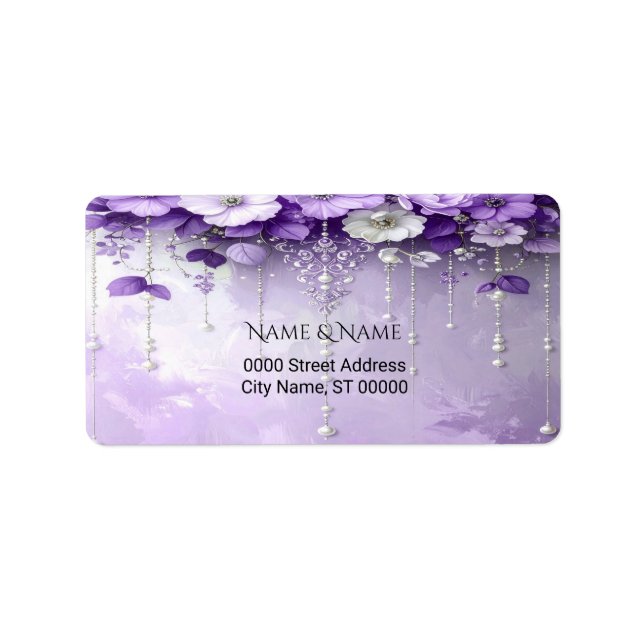 Purple Flowers with Dangling Pearls Address Label (Front)
