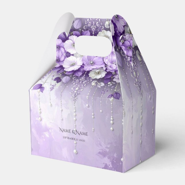 Purple Flowers with Dangling Pearls Favor Box (Front Side)