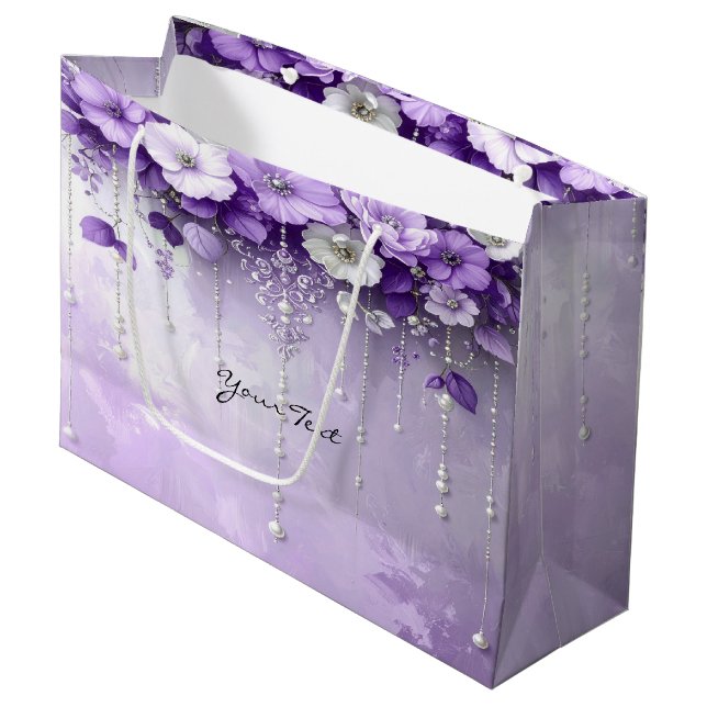 Purple Flowers with Dangling Pearls Gift Bag (Front Angled)