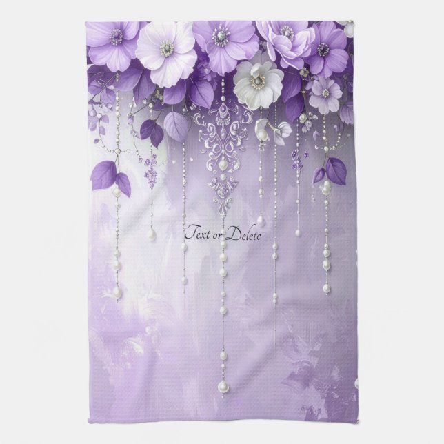 Purple Flowers with Dangling Pearls Kitchen Towel (Vertical)