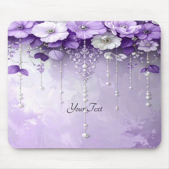 Purple Flowers with Dangling Pearls Mousepad (Front)