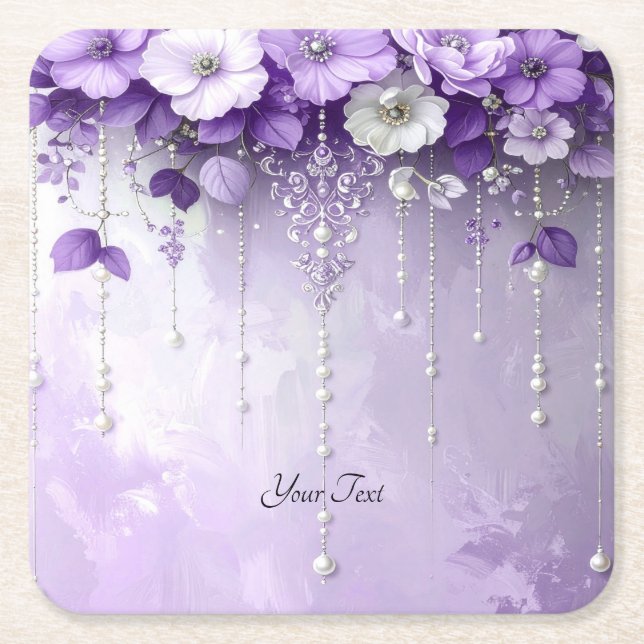 Purple Flowers with Dangling Pearls Paper Coaster (Front)