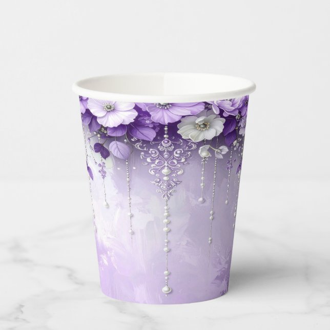 Purple Flowers with Dangling Pearls Paper Cups (Left)