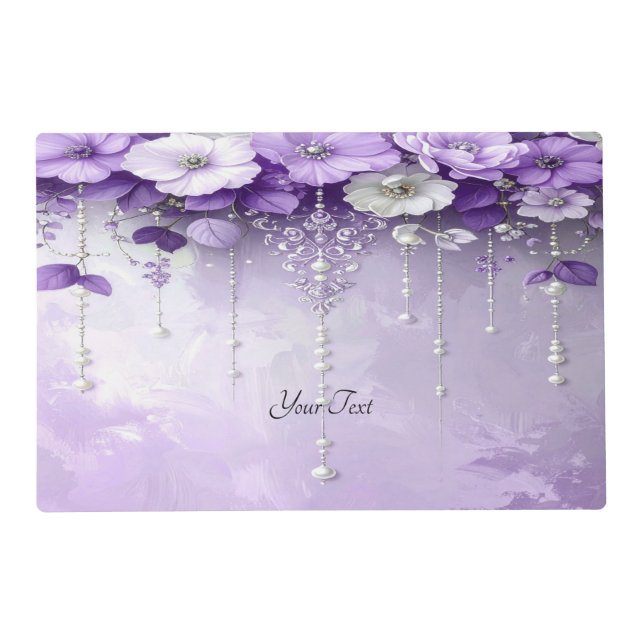 Purple Flowers with Dangling Pearls Paper Placemat (Front)