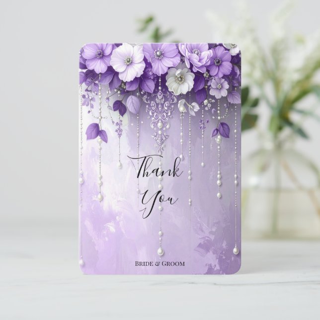 Purple Flowers with Dangling Pearls Thank You Card (Standing Front)