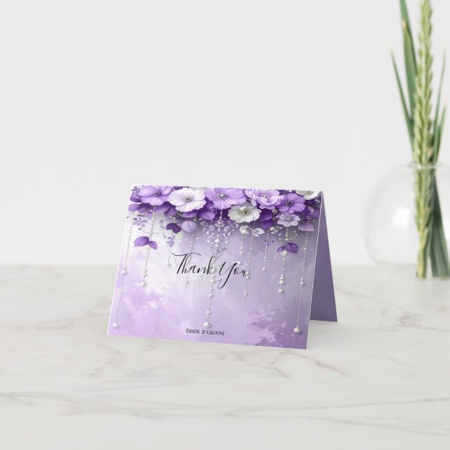 Purple Flowers with Dangling Pearls Thank You Card (Front)
