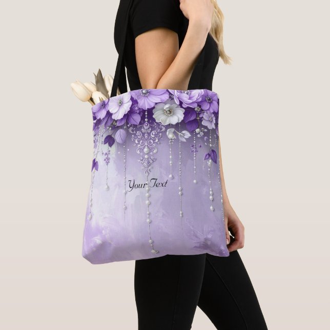 Purple Flowers with Dangling Pearls Tote Bag (Close Up)