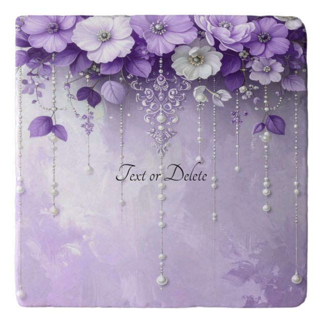Purple Flowers with Dangling Pearls Trivet (Front)