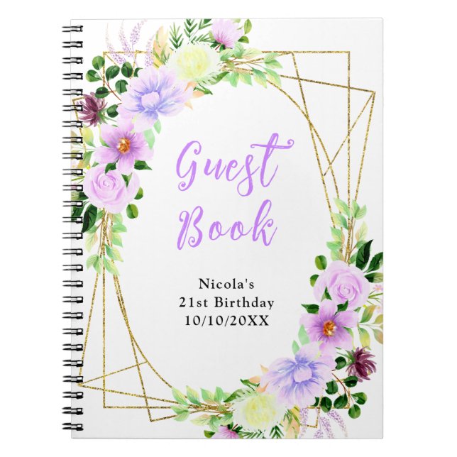 Purple Flowers with Foliage Birthday Guest Book (Front)