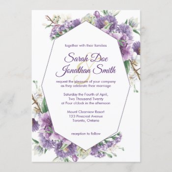 Purple Flowers With Frame Wedding Invitation by fireflidesigns at Zazzle