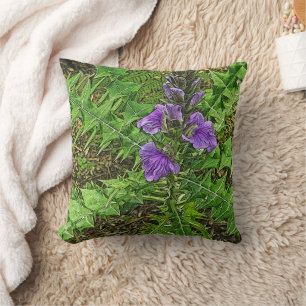 PURPLE FLOWERS WITH INTERESTING GREEN FOLIAGE THROW PILLOW