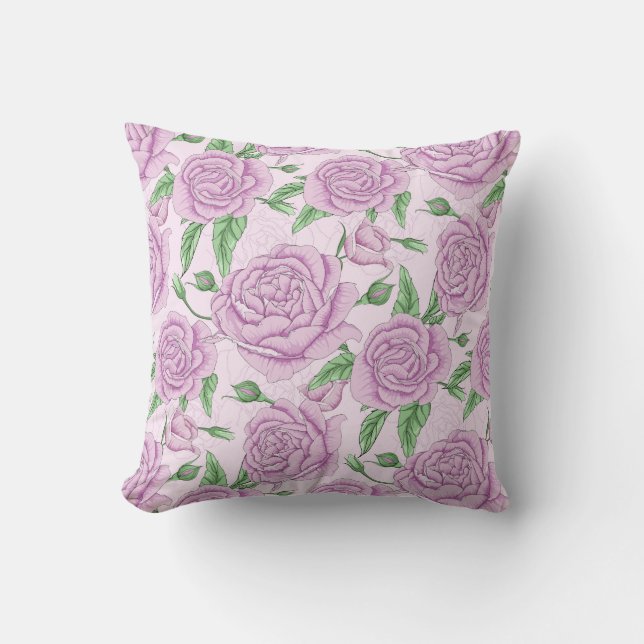 Purple Flowers With Leaf Patterned Throw Pillow (Front)